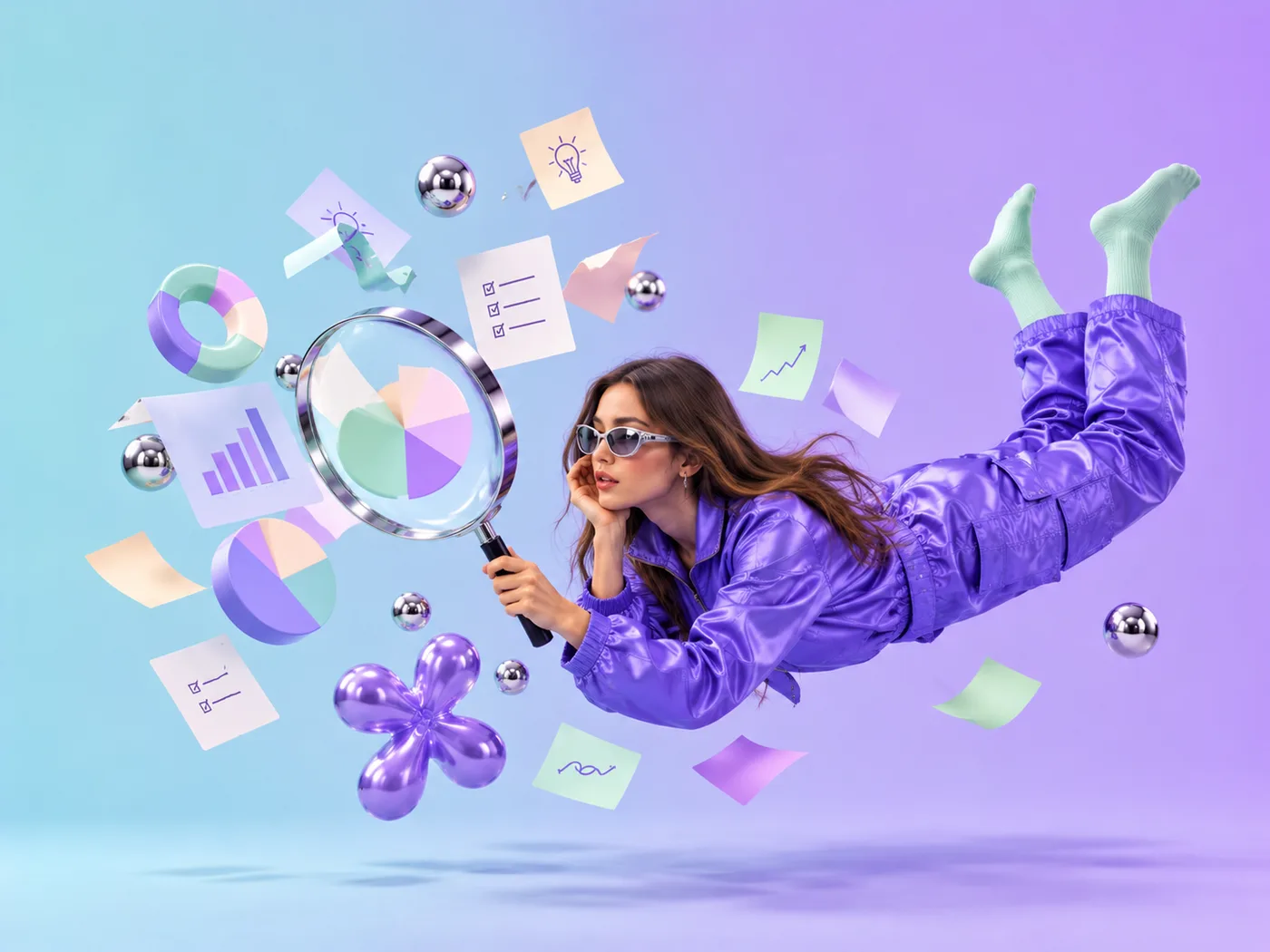 Une femme en apesanteur qui analyse des graphiques à la loupe
