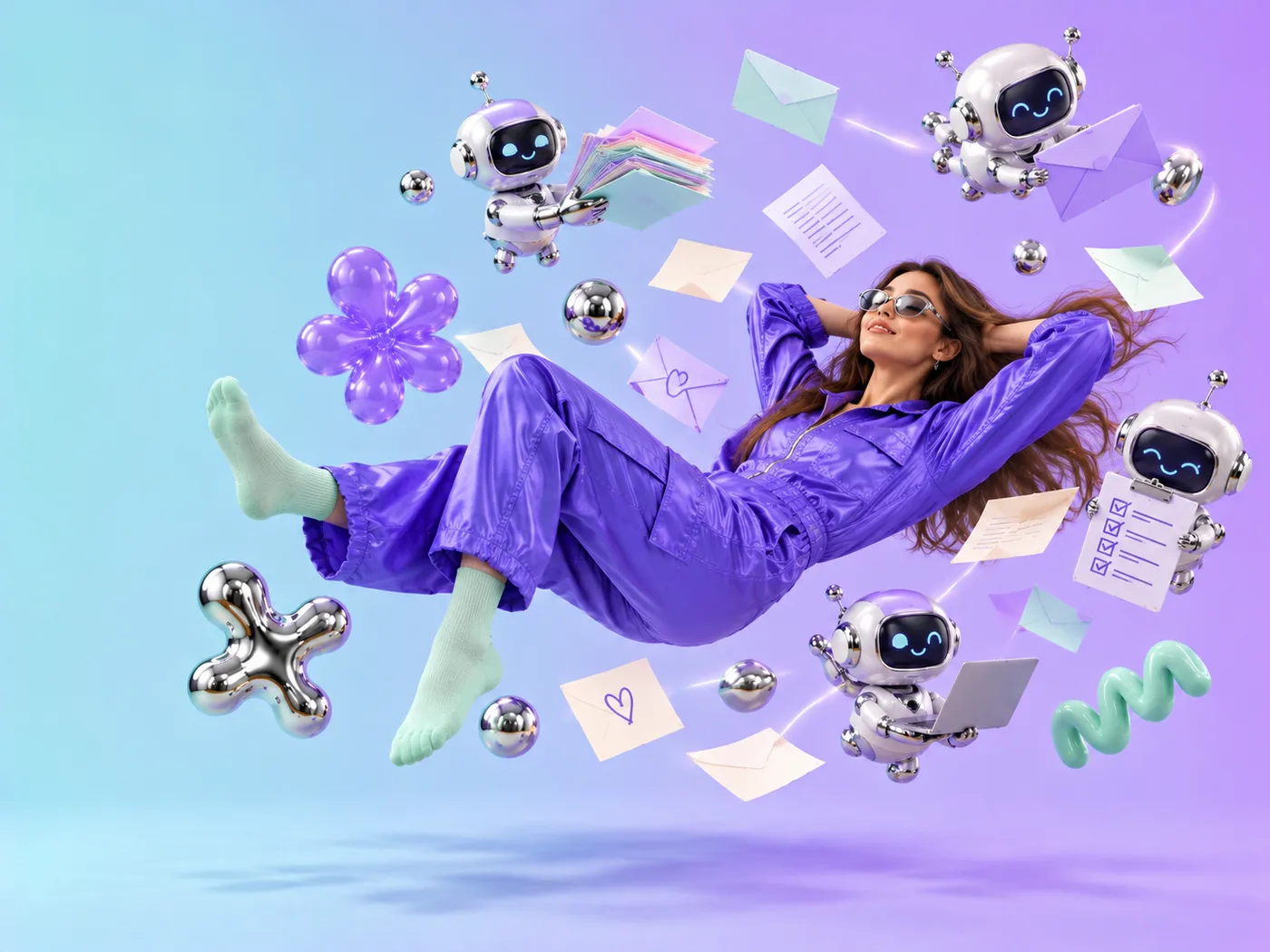 Une femme détendue en apesanteur pendant que des petits robots travaillent