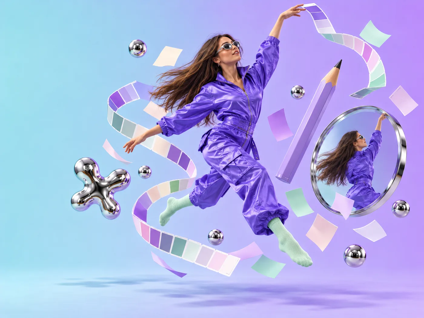 Une femme en apesanteur qui danse entourée de nuanciers de couleurs